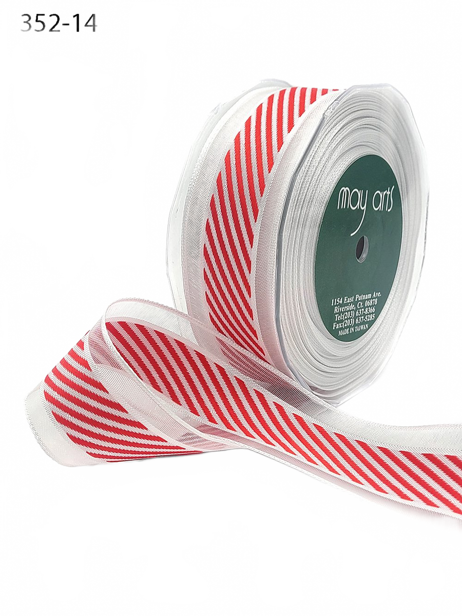 1.5 Inch Christmas White Sheer With Diagonal Stripe Ribbon With Wired Edge