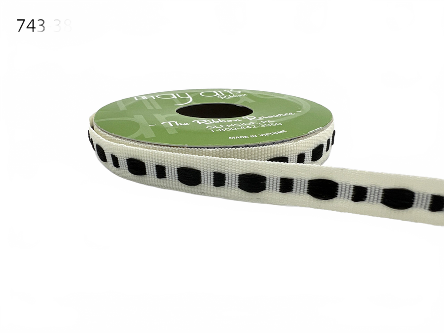 ⅜ Inch Dot Center Line Woven Edge Ivory/Black Ribbon