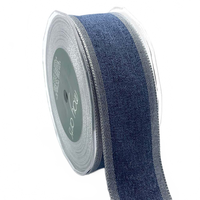 1.5 Inch Woven Chambray Lined Navy/Silver Metallic Edge Ribbon