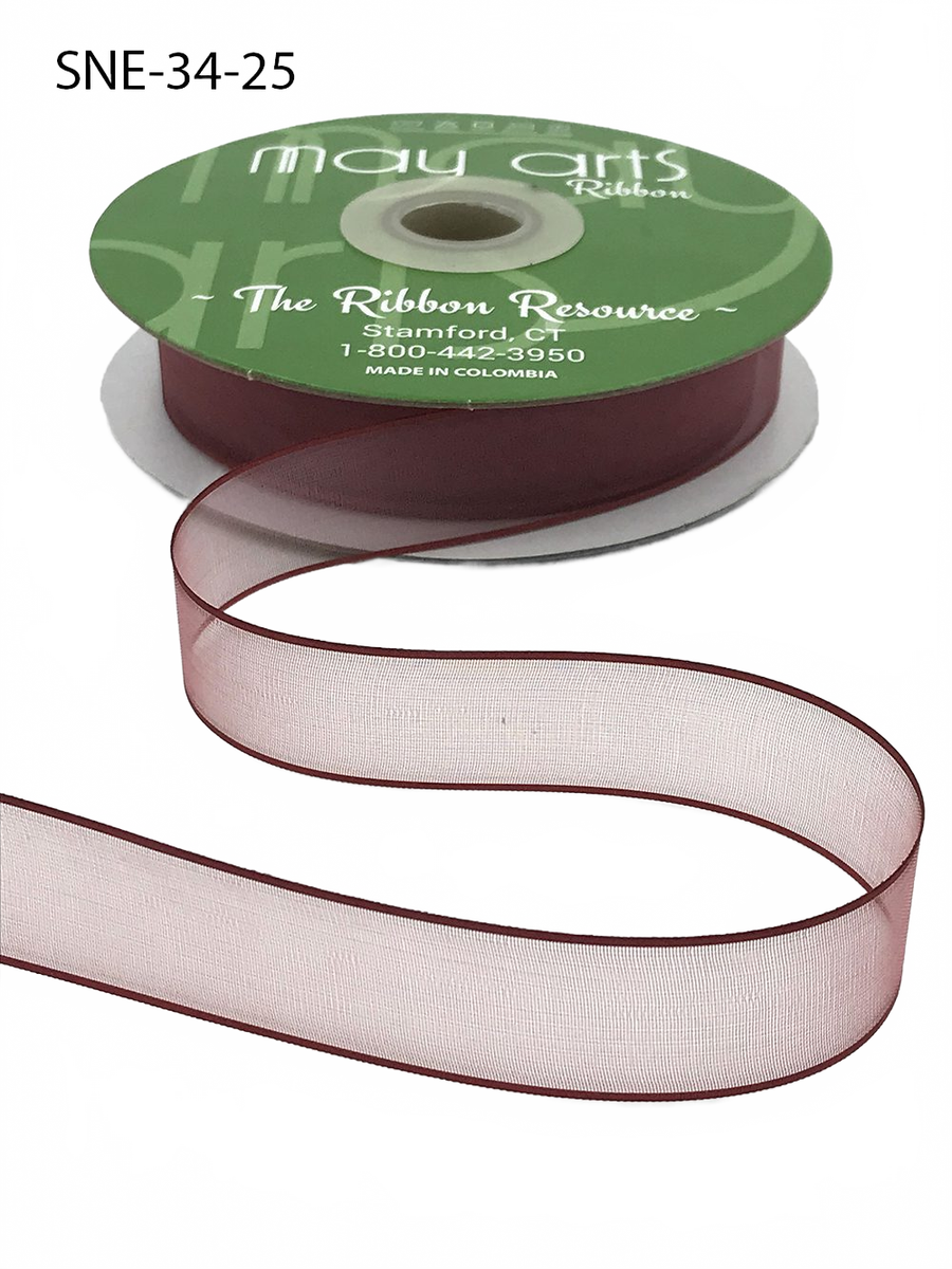 ~3/4 Inch Soft Burgundy Sheer Ribbon With Thin Solid Edge