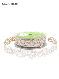 7/8 Inch Adhesive White Satin Fleur-De-Lis Scroll Ribbon With Cut Sealed Edge