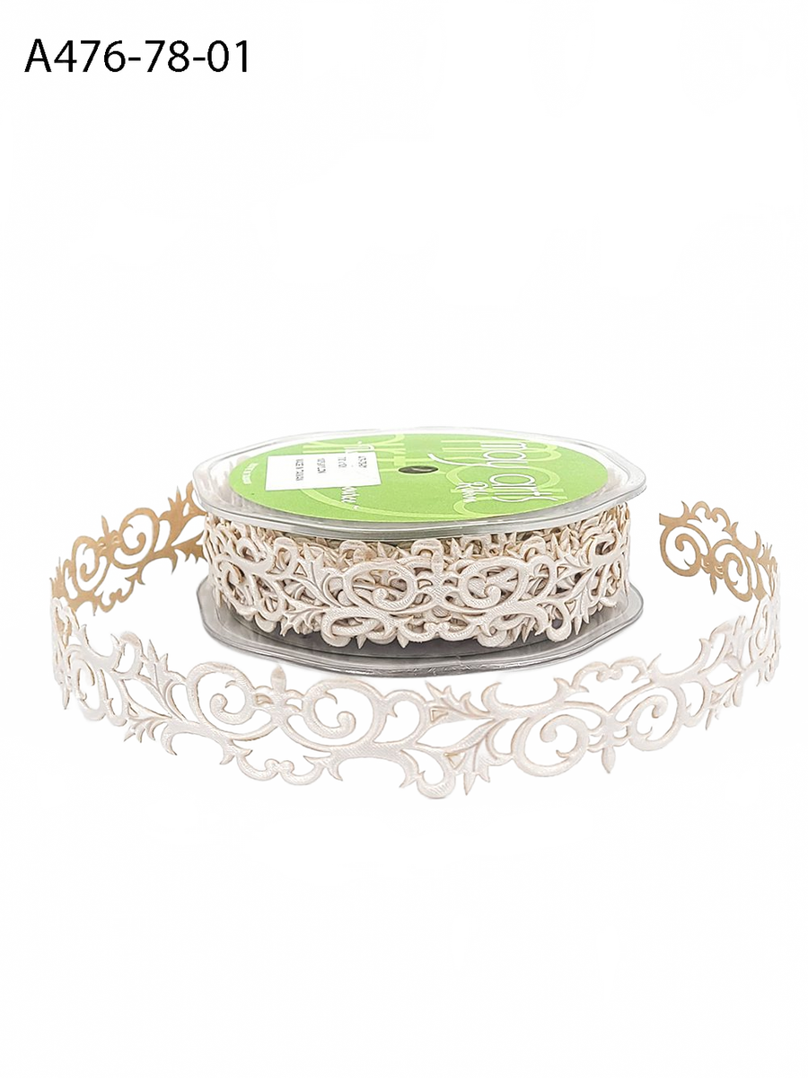 7/8 Inch Adhesive White Satin Fleur-De-Lis Scroll Ribbon With Cut Sealed Edge