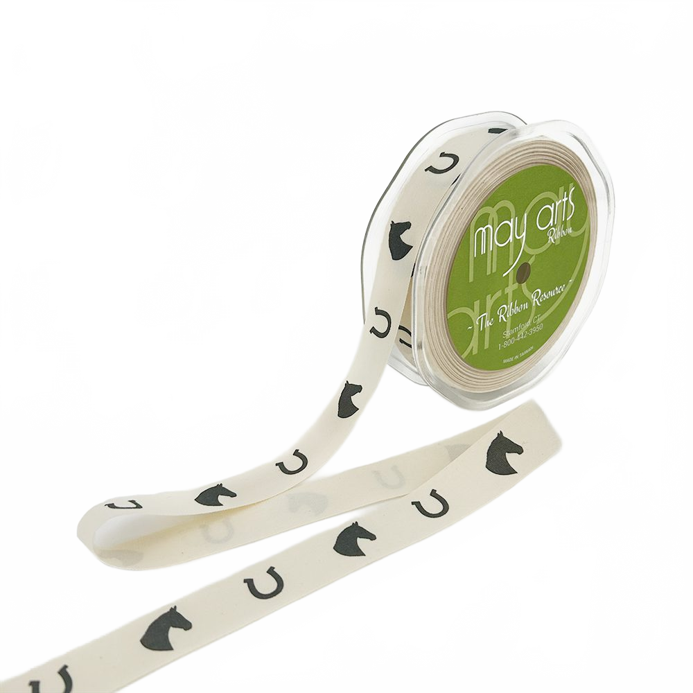 3/4 Inch Ivory Horse Head/Horseshoe Canvas Printed Ribbon With Woven Edge