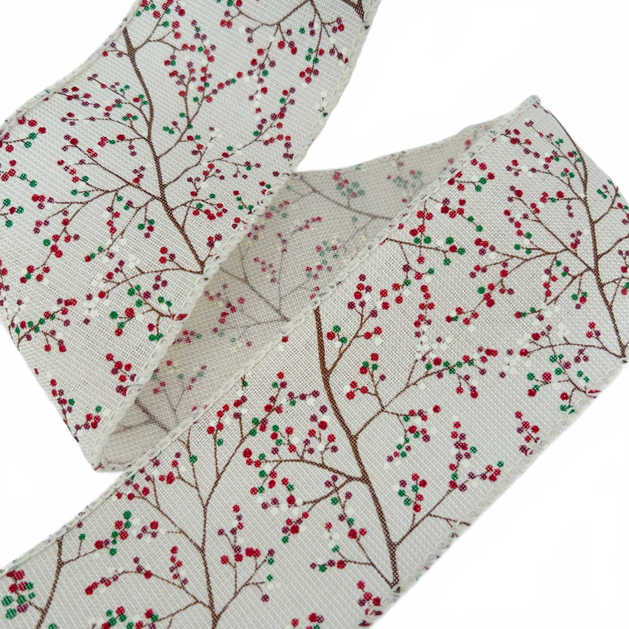2.5″ Wired Faux Linen Berry Branches Ribbon