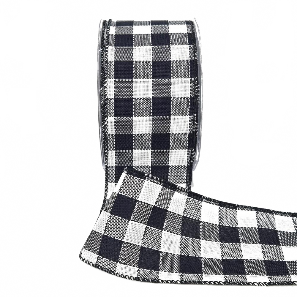 2.5 Inch Woven Check Black/White Ribbon With Wired Edge