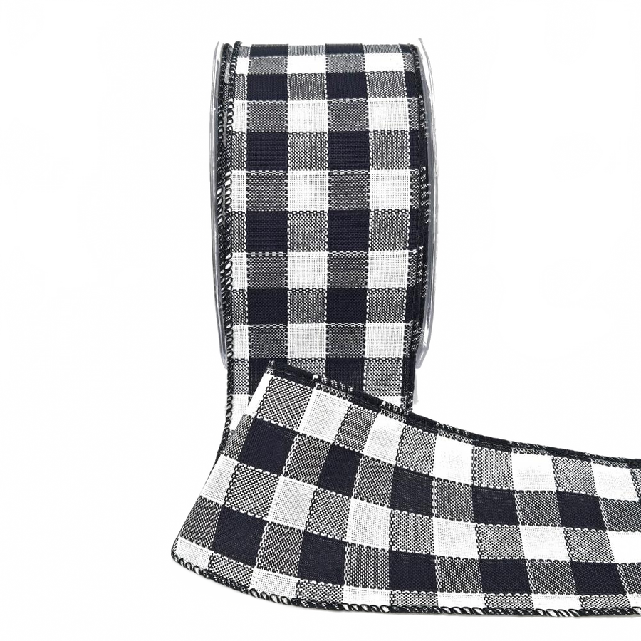 2.5 Inch Woven Check Black/White Ribbon With Wired Edge