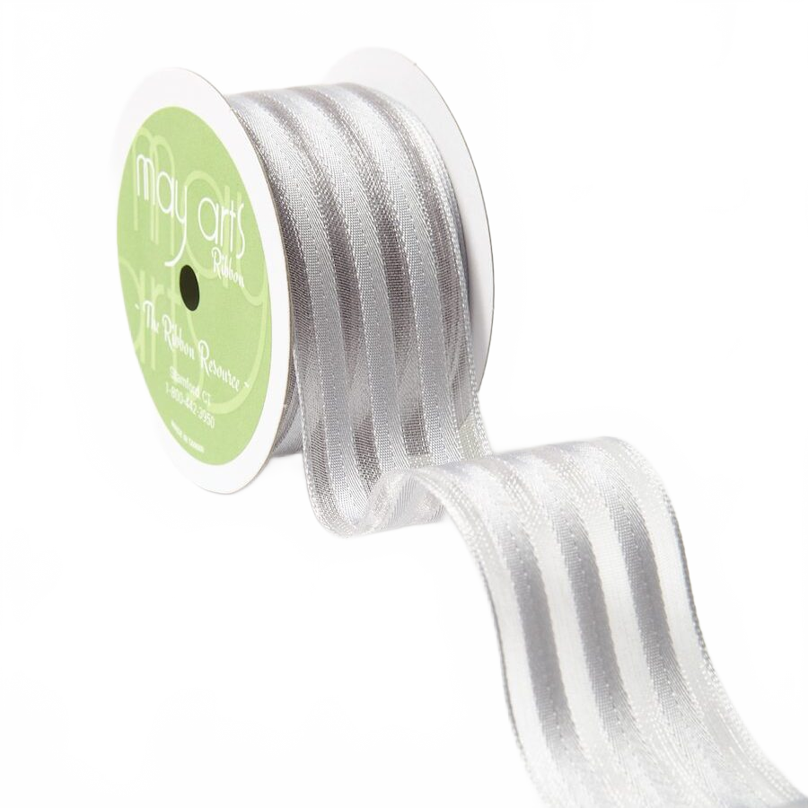 1.5 Inch Grey Sheer With Woven Stripes Ribbon With Wired Edge