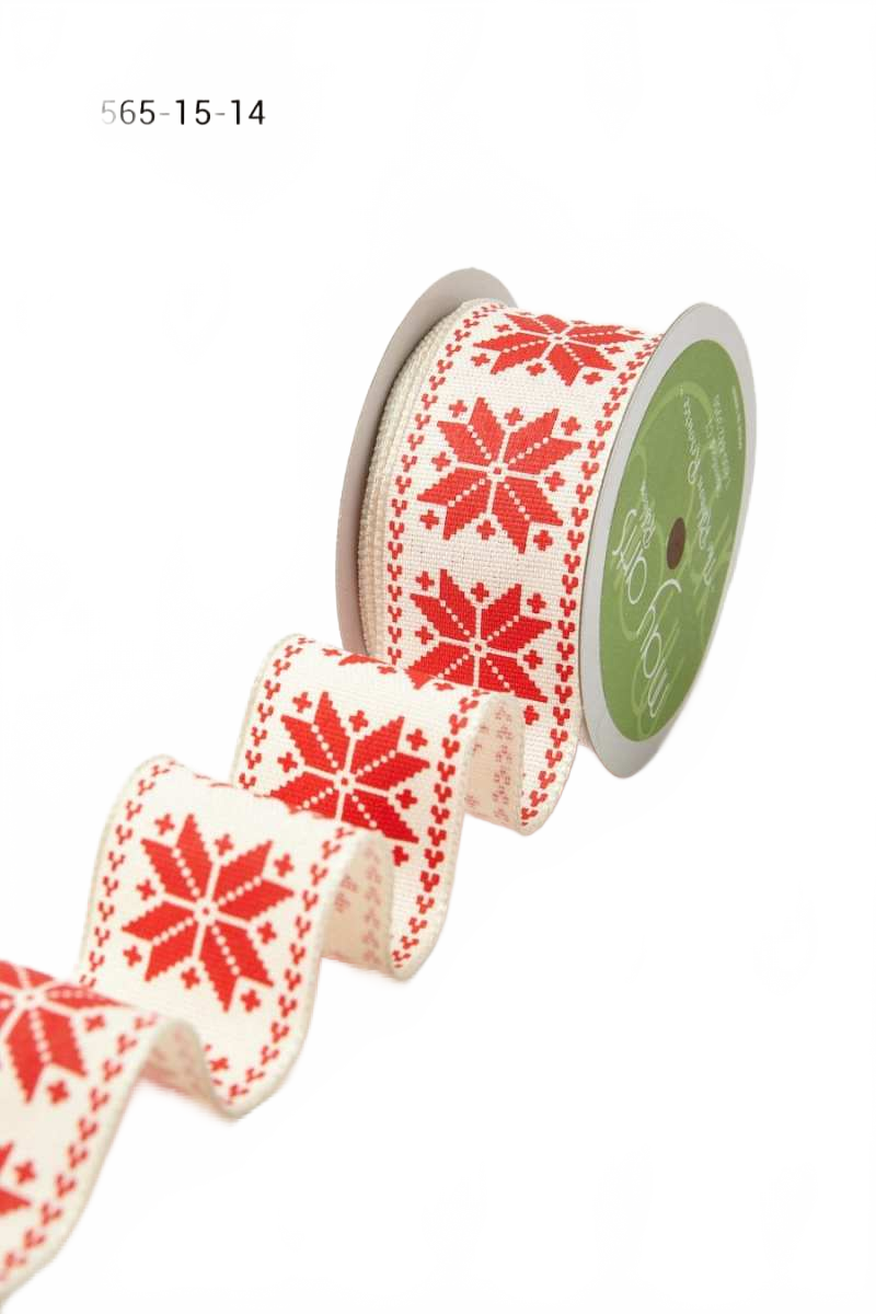 1.5 Inch Scandinavian-Inspired Snowflake Print Red Ribbon With Wired Woven Edge