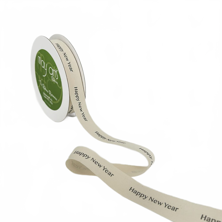 3/4 Inch Ivory Happy Year Canvas Printed Ribbon With Woven Edge