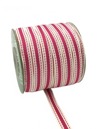 3/8 Inch Solid Color Band Ivory/Fuchsia Ribbon With Natural Woven Stitched Edge