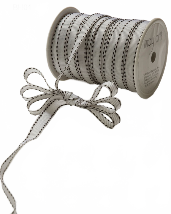 3/8 Inch Classic White/Black Stitch Grosgrain Ribbon With Woven Stitched Edge