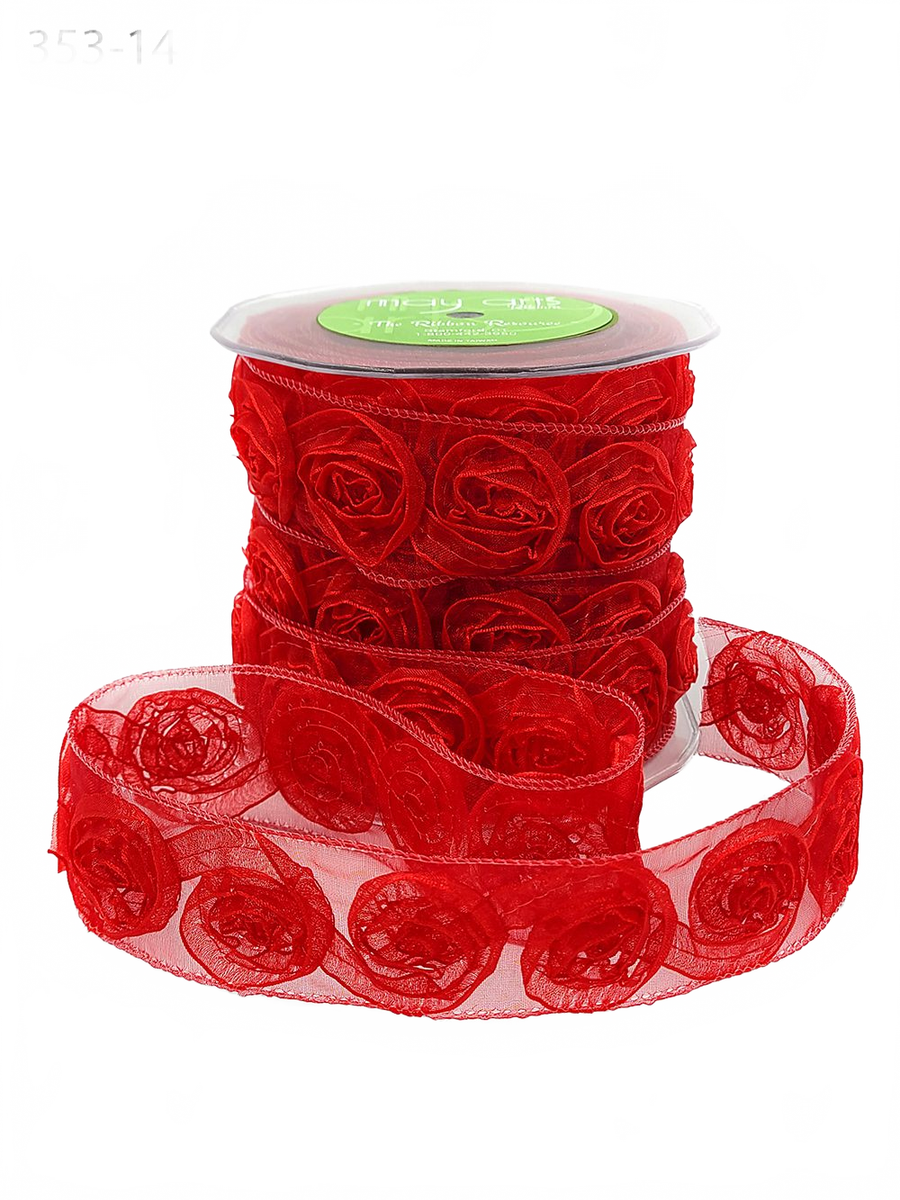 1.5 Inch Woven Rosette Red Organza Ribbon