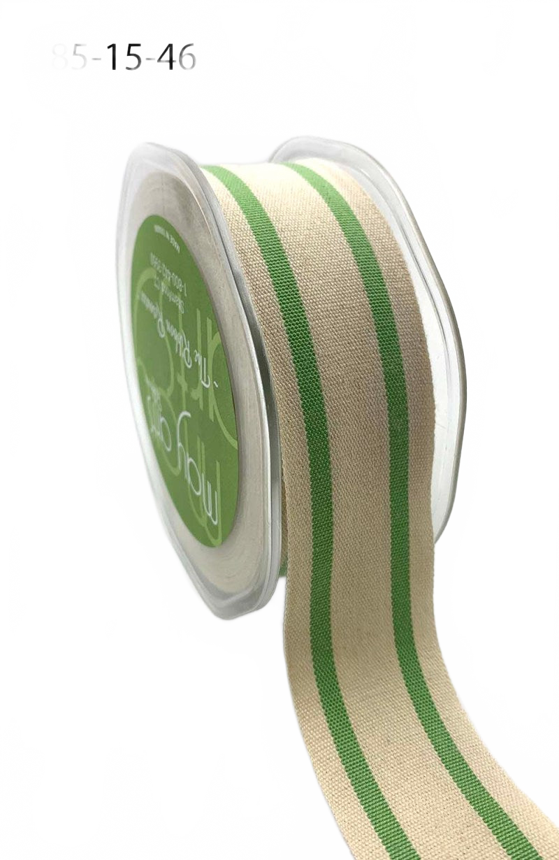 1.5 Inch Celery Cotton Blend Woven Double Stripe Ribbon With Woven Edge