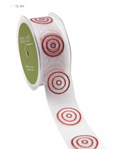 1.5 Inch White/Red Sheer With Glitter Bullseye Circles Ribbon With Woven Edge
