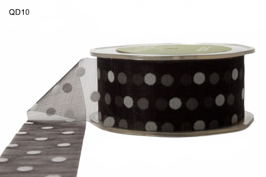 1.5 Inch Sheer With Black/White Dots Velvet Dots Ribbon