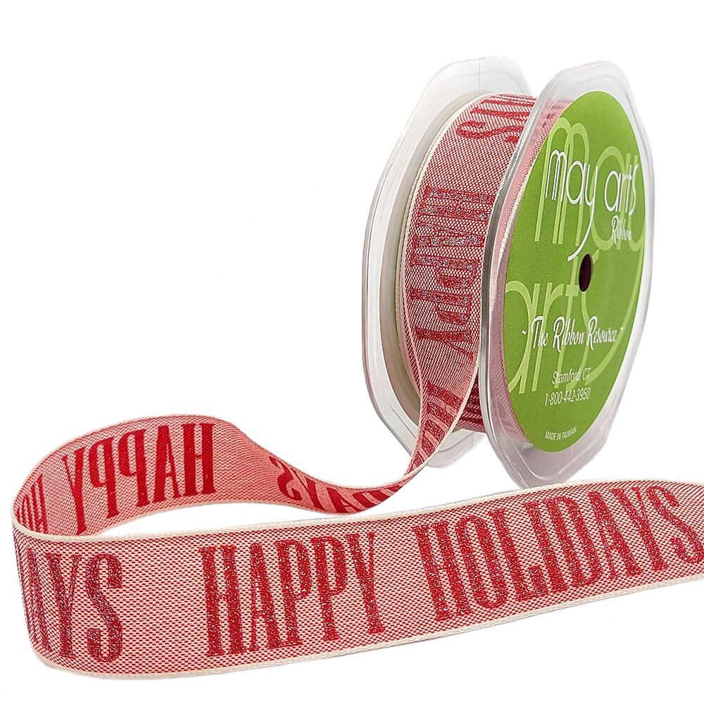 Sparkle Holiday Print Happy Holidays Red/Natural Ribbon With Natural Woven Edge