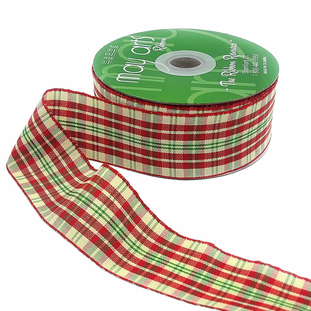 1.5 Inch Checkered Gingham Red/Green/Yellow Plaid Ribbon With Woven Edge