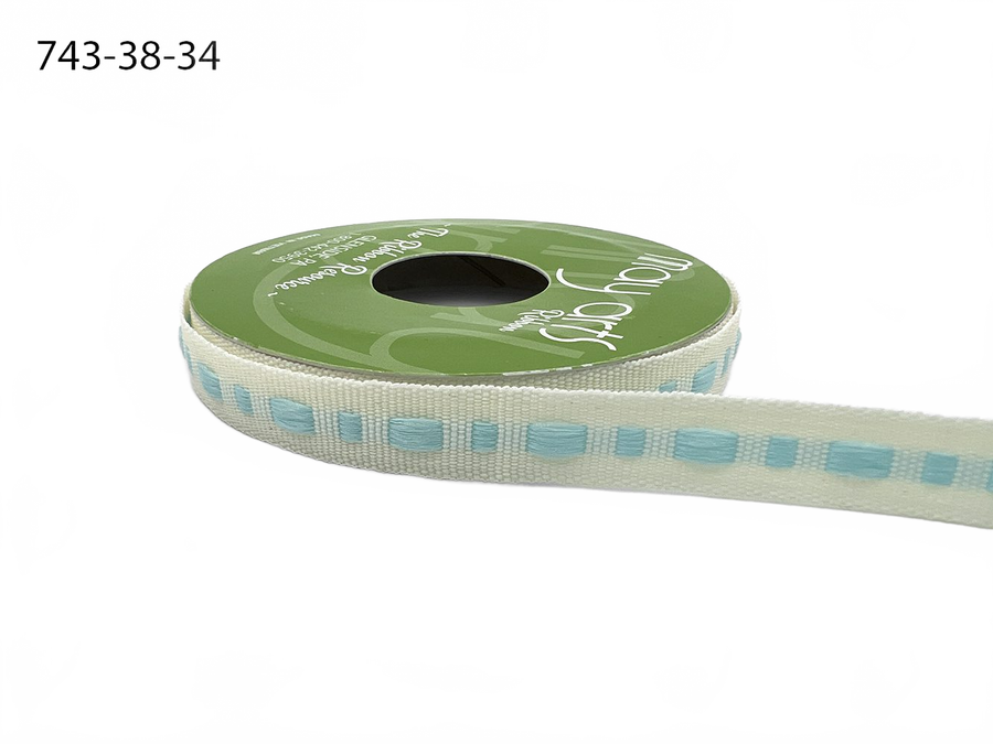 ⅜ Inch Dot Center Line Woven Edge Ivory/Light Blue Ribbon