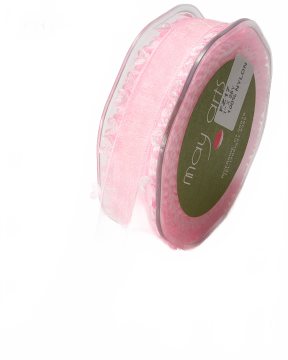 1 Inch Pink Sheer Ribbon With Woven Heart Edge