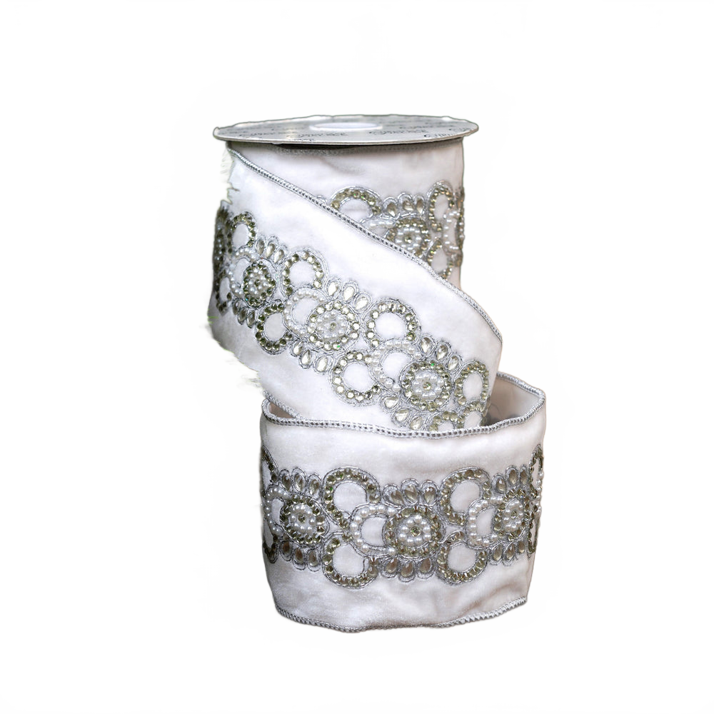 4" X 5YD White Embroidery Velvet Ribbon