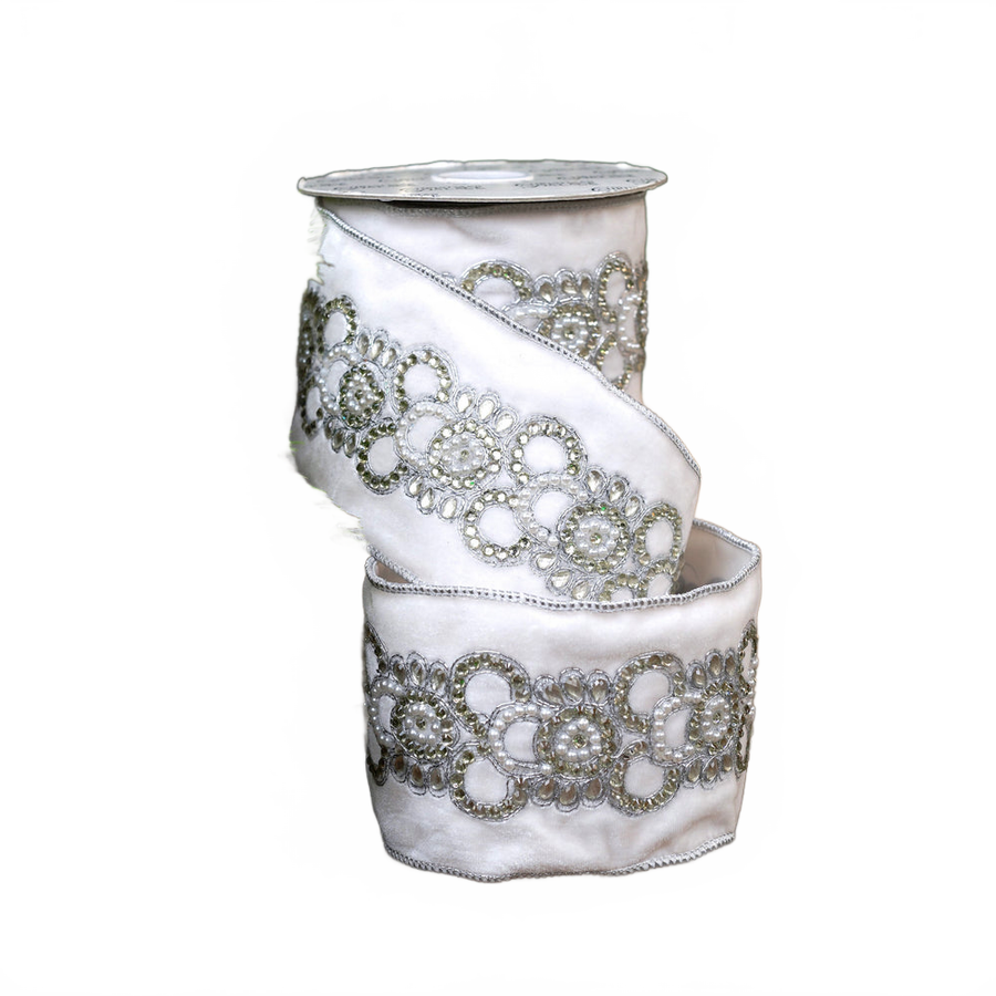4" X 5YD White Embroidery Velvet Ribbon