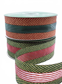 ~1.5 Inch (37Mm) Herringbone With Center Stripes Farmhouse Christmas Ribbon