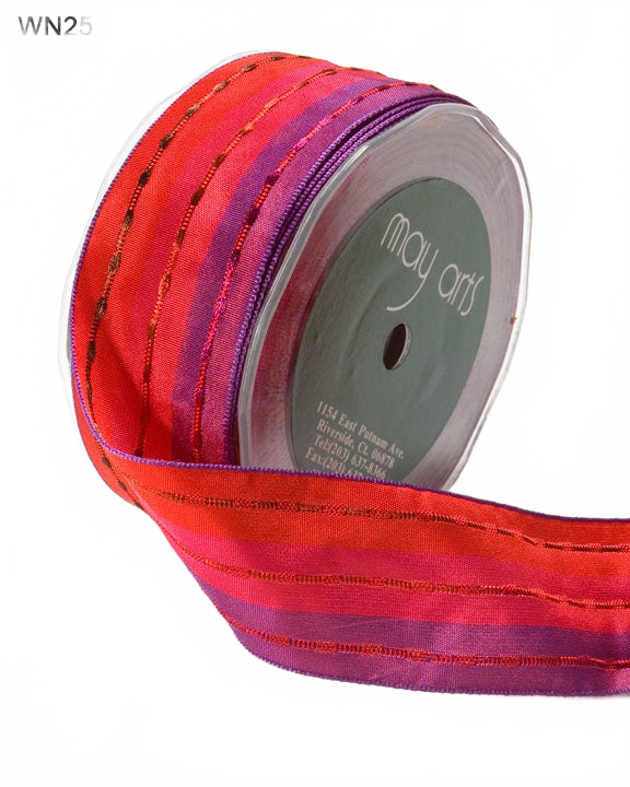 1.5 Inch Red/Fuschia/Purple Metallic Lines Solid Ribbon