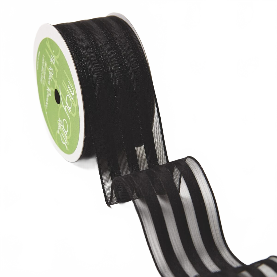 1.5 Inch Black Sheer With Woven Stripes Ribbon With Wired Edge