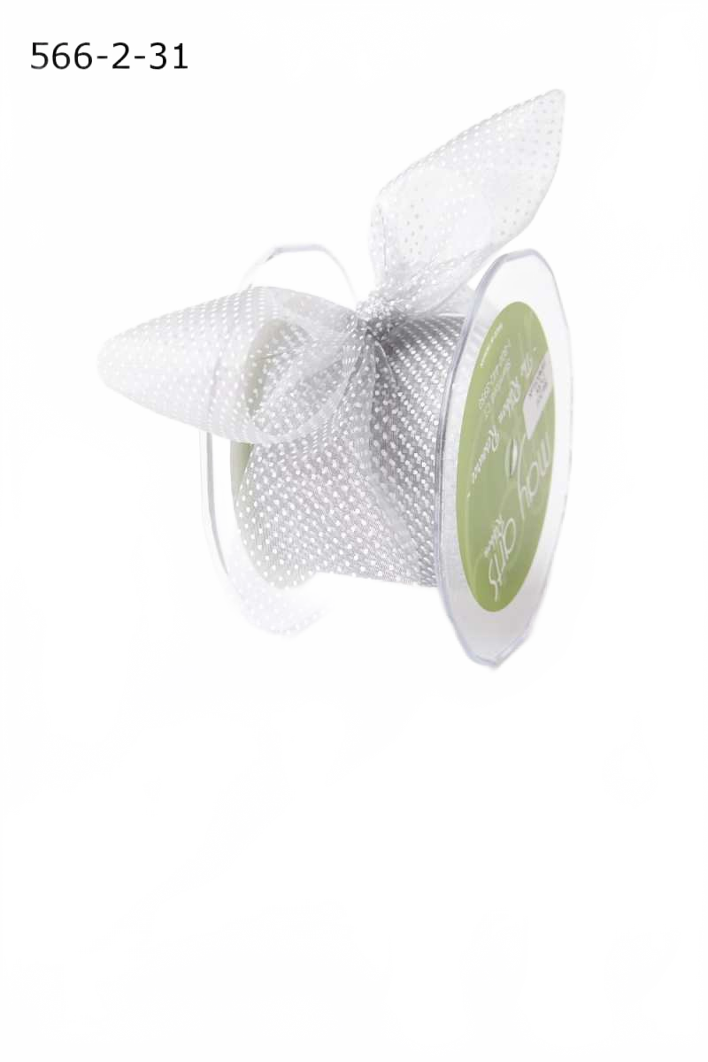 2 Inch Shimmer Silver/White Sheer Mini White Dot Ribbon With Cut Edge