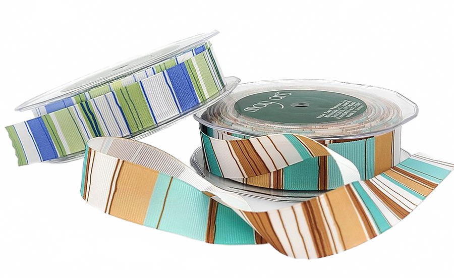 7/8 Inch Blue/Green Grosgrain / Horizontal Stripes Ribbon