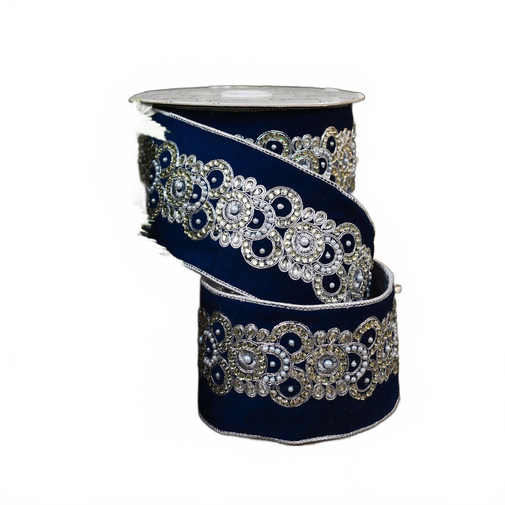 4" X 10YD Silver Navy Velvet Ribbon
