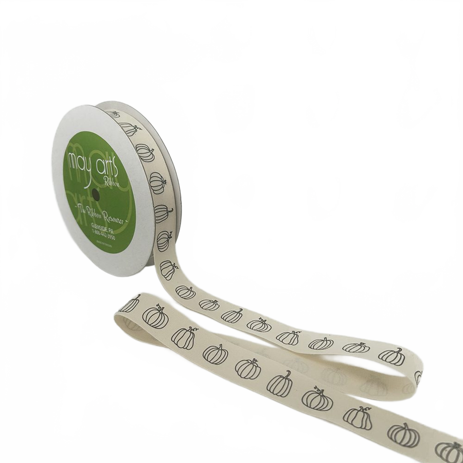 3/4 Inch Ivory Pumpkins Canvas Printed Ribbon With Woven Edge