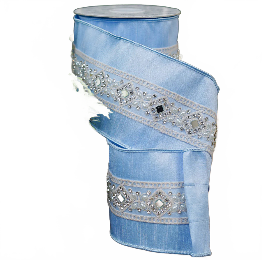 4" X 5YD Blue Velvet Ribbon With Pearls & Jewels