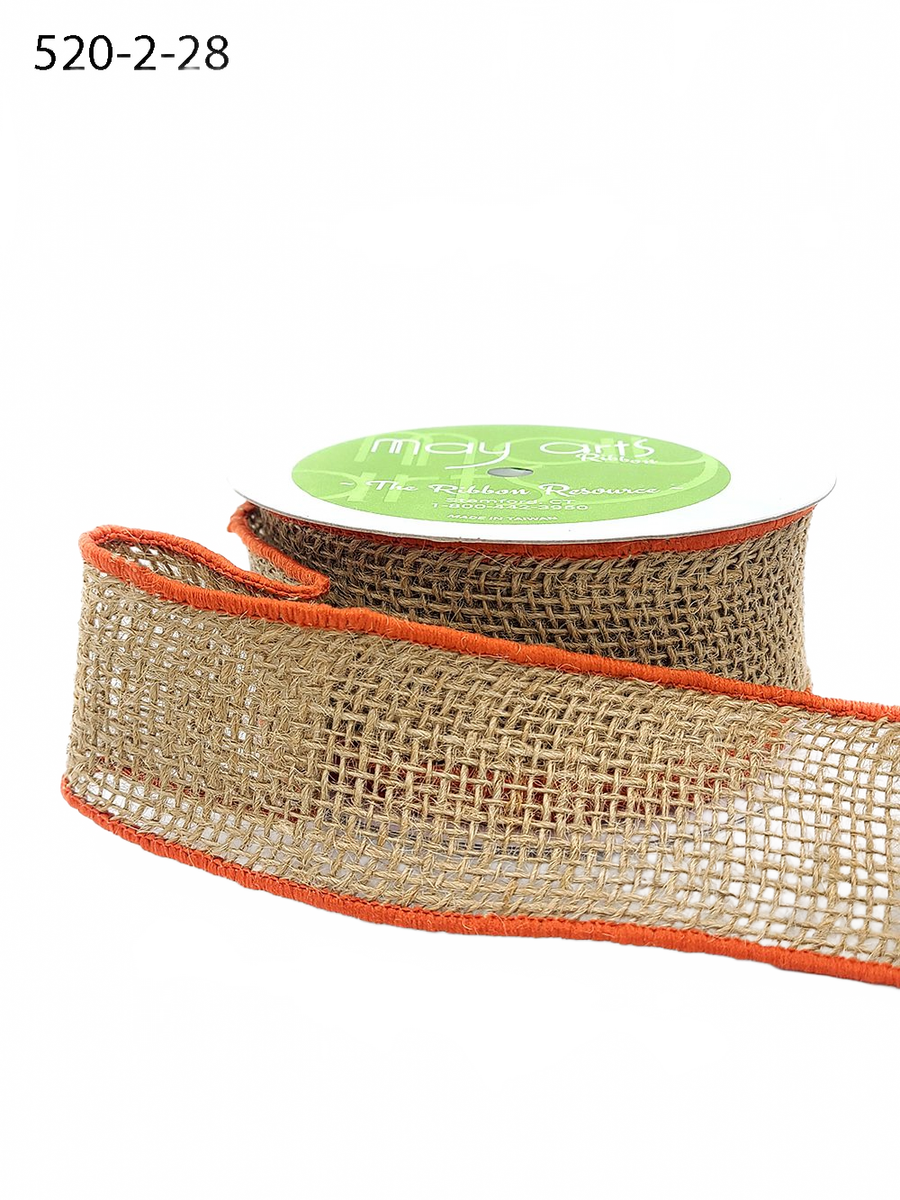 2 Inch 100% Jute Natural/Orange Burlap Ribbon With Color Wired Edge
