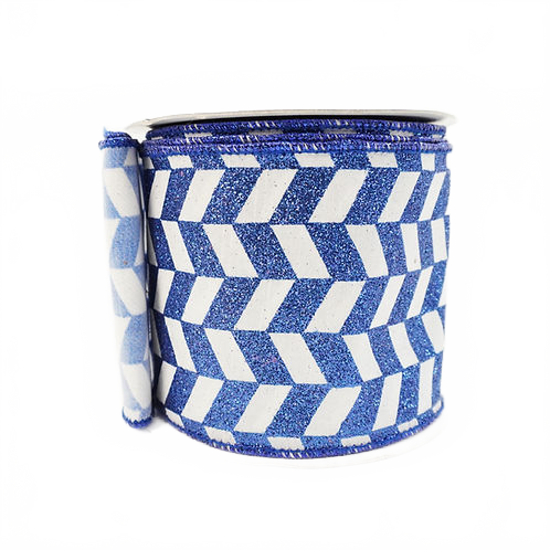 Ribbon 4" White Blue Glitter Zig Zag Checkered