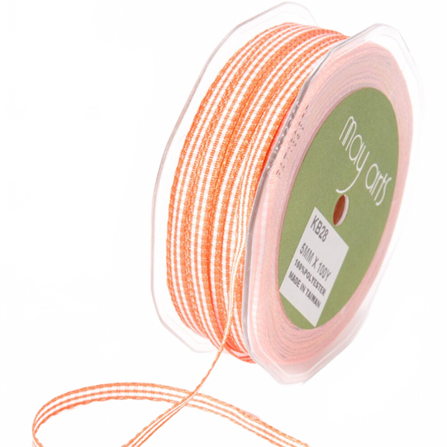 3/16 Inch Checkered Gingham Orange Ribbon With Woven Edge