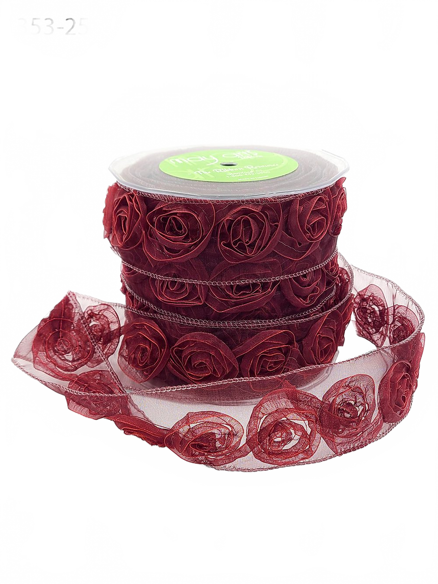 1.5 Inch Woven Rosette Marsala Organza Ribbon