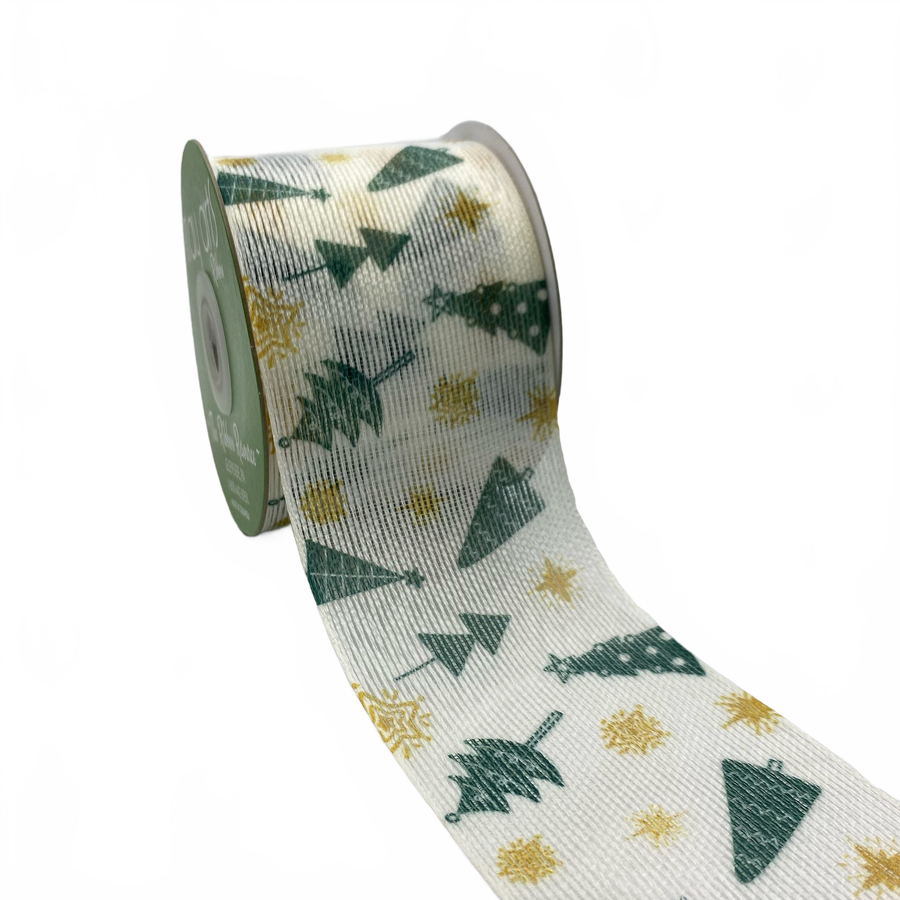 2 3/4 Inch Semi Green/Gold Sheer Holiday Tree Star Ribbon With Woven Edge