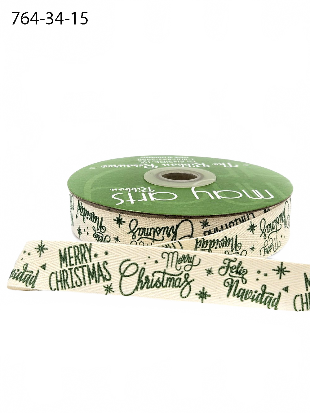 3/4 Inch Merry Christmas Feliz Navidad Green Ribbon With Woven Edge