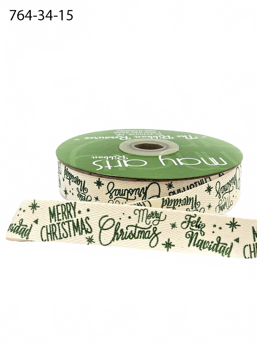 3/4 Inch Merry Christmas Feliz Navidad Green Ribbon With Woven Edge