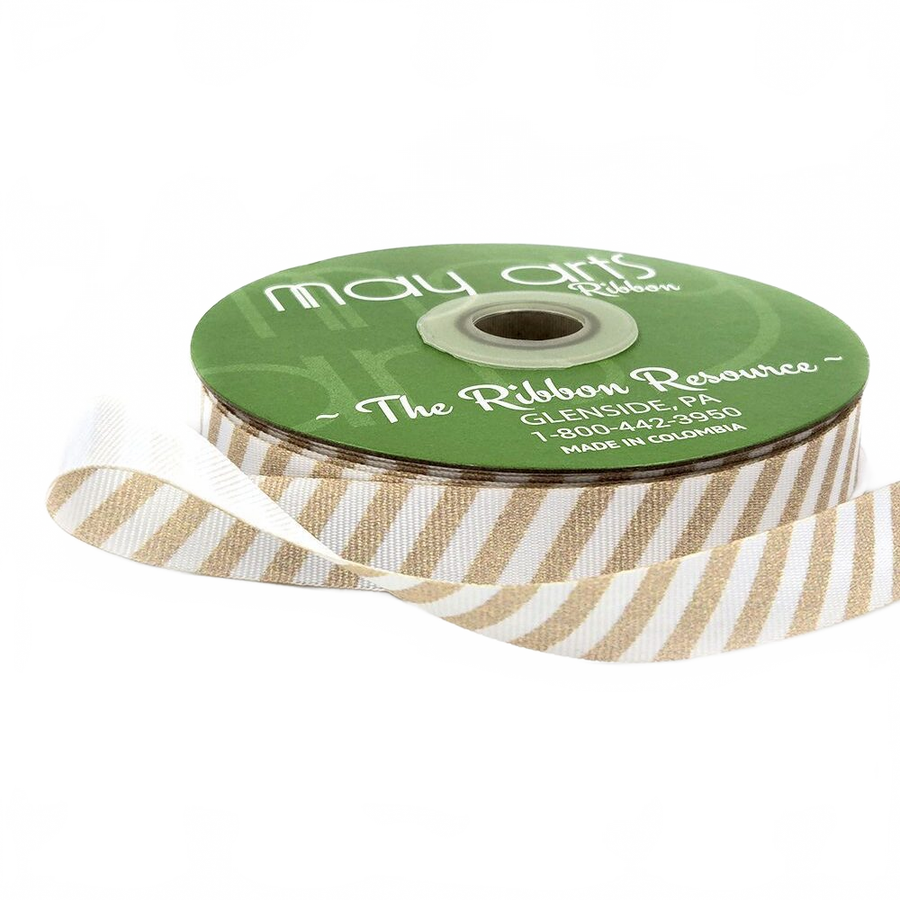 5/8 Inch Modern Diagonal Striped Nude Champagne/White Grosgrain Ribbon With Woven Edge