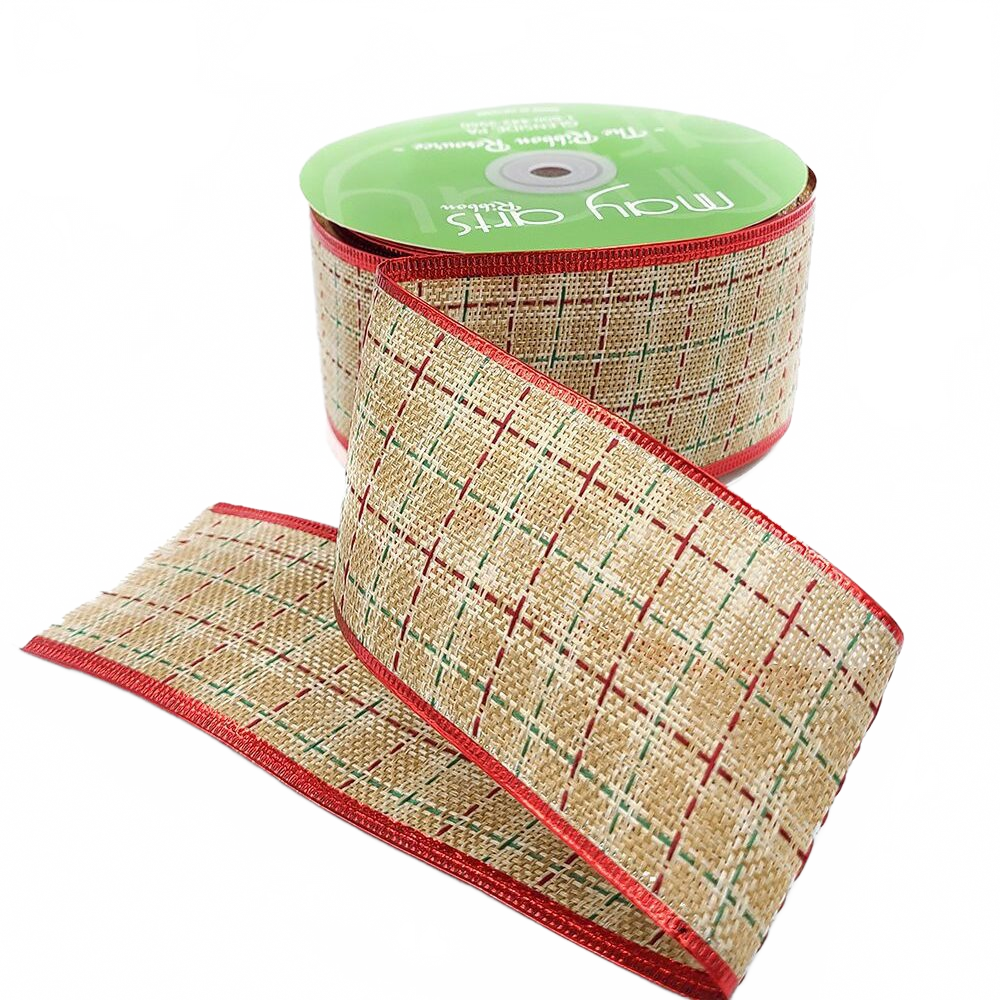 2.5 Inch Christmas Tartan Plaid Ribbon With Red/Greed/Natural Metallic Wired Edge