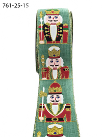 2.5 Inch Wired Faux Green Linen Glitter Nutcracker Print Ribbon