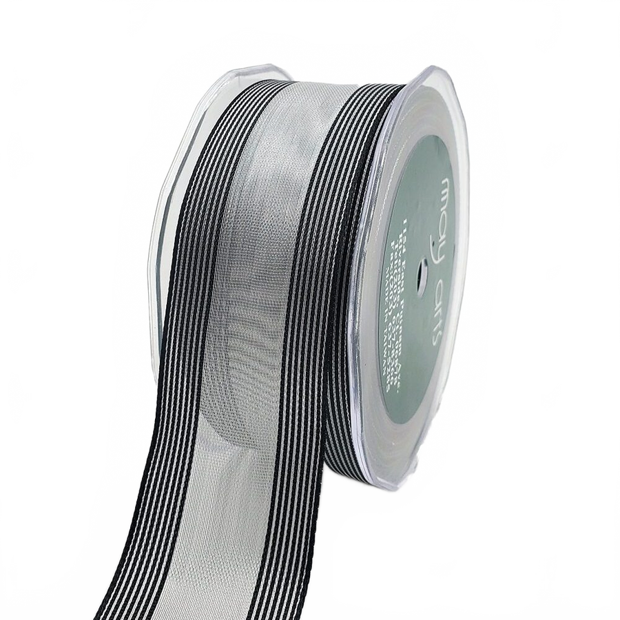 1.5 Inch Sheer Silver/Black Metallic Stripes Wired Ribbon