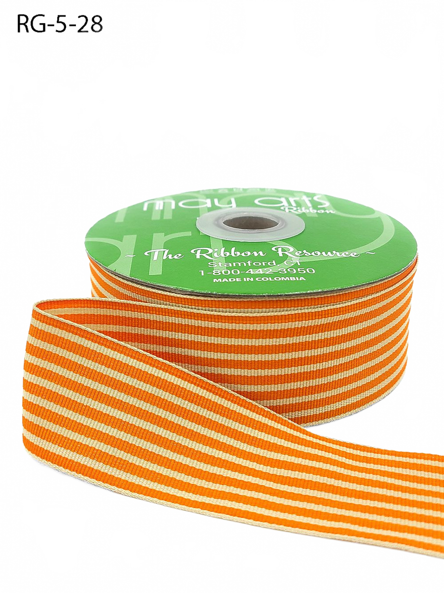 1.5 Inch Woven Orange/Oatmeal Stripes Grosgrain Stripe Ribbon With Woven Edge