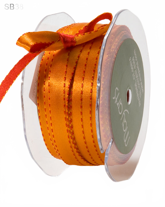 3/8 Inch Reversible Two-Color Red/Orange Satin Ribbon With Woven Stitched Edge
