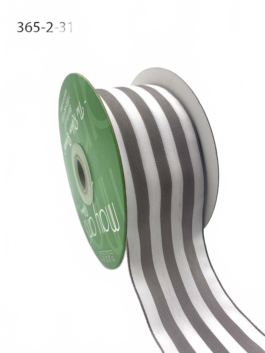 2 Inch Striped Grey/White Ribbon With Woven Edge