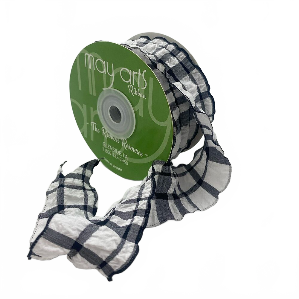 Ruffled Seersucker Tartan Plaid Black Ribbon With Woven Edge