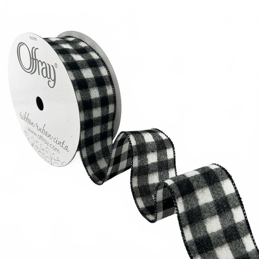 2.5″ Wired Black & White Brushed Buffalo Check Wired Ribbon