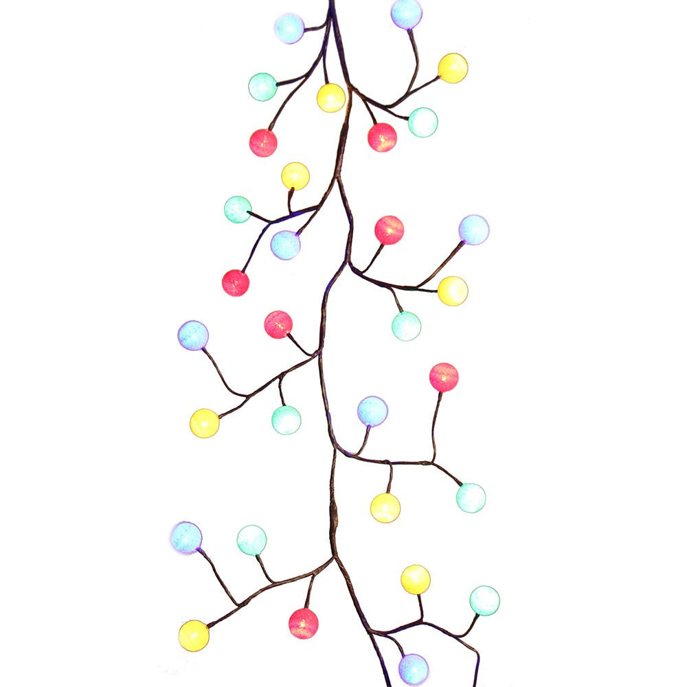6' Pre-Lit Multicolored LED Cotton Ball Light Brown Vine Garland